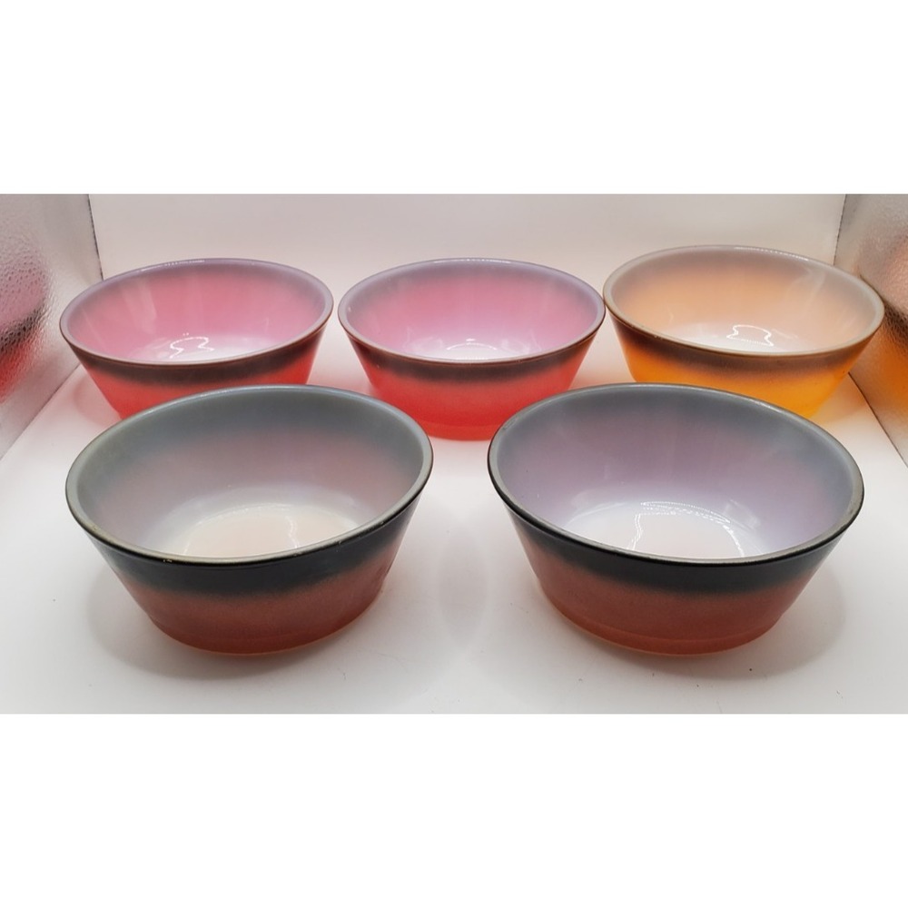 5‎ Fire King Ombre Bowls Brown/ Red/ Cereal Anchor Hocking Milk Glass